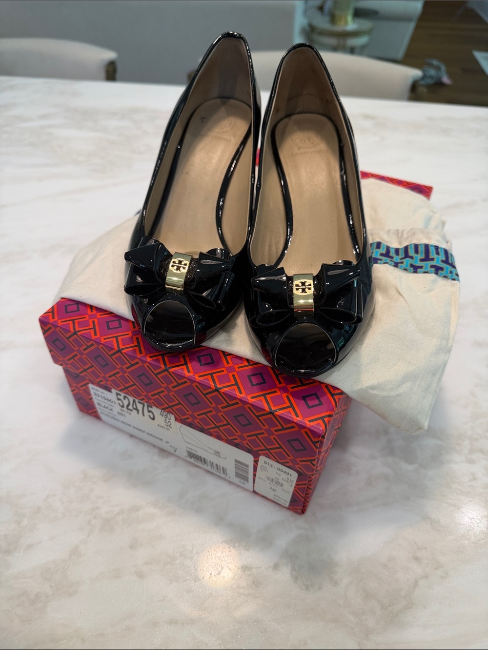 Tory Burch Black Patent Peep-Toe Bow Pumps with Gold Logo
